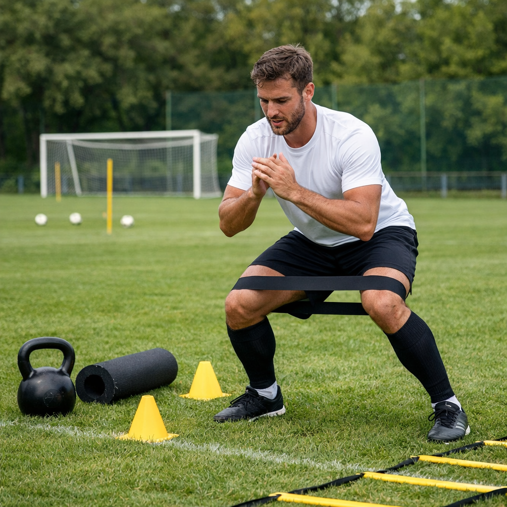 futbolista amateur entrenando fuerza con bandas elásticas en campo de fútbol