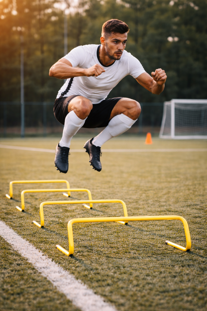 jugador de futbol saltando vallas entrenamiento resistencia