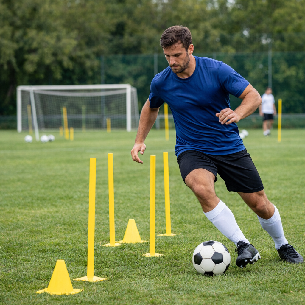 futbolista amateur entrenando con balón y ejercicios de agilidad en campo de fútbol