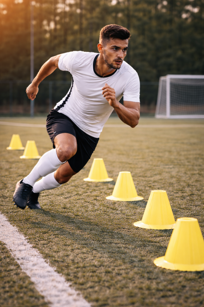 entrenamiento zig zag entre conos fútbol