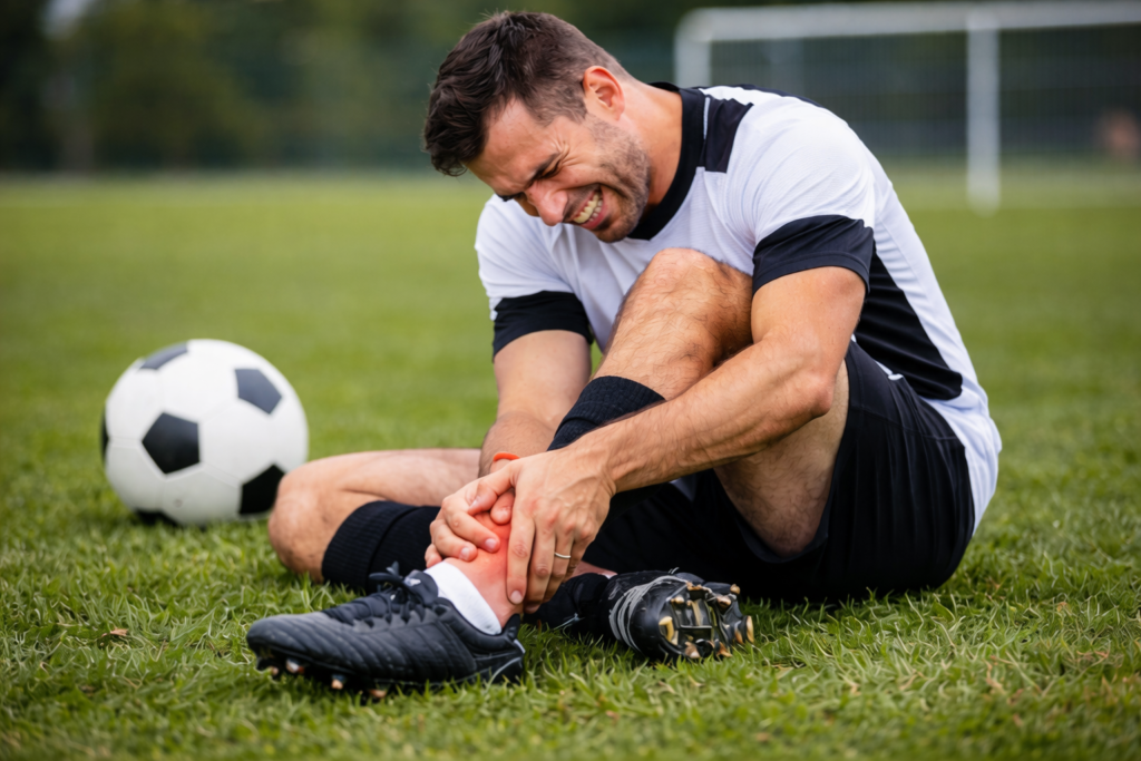 jugador de fútbol amateur con esguince de tobillo durante un partido
