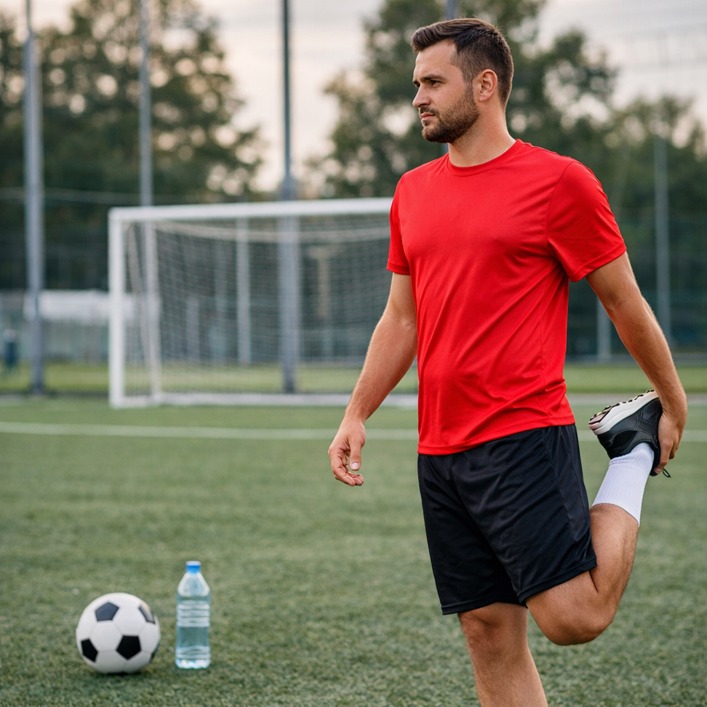 estiramiento de cuádriceps después de jugar al fútbol amateur