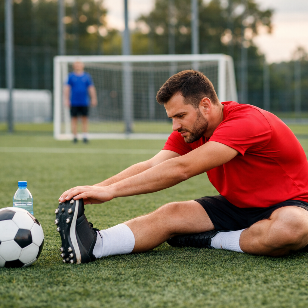 estiramiento de isquiotibiales después de jugar al fútbol amateur