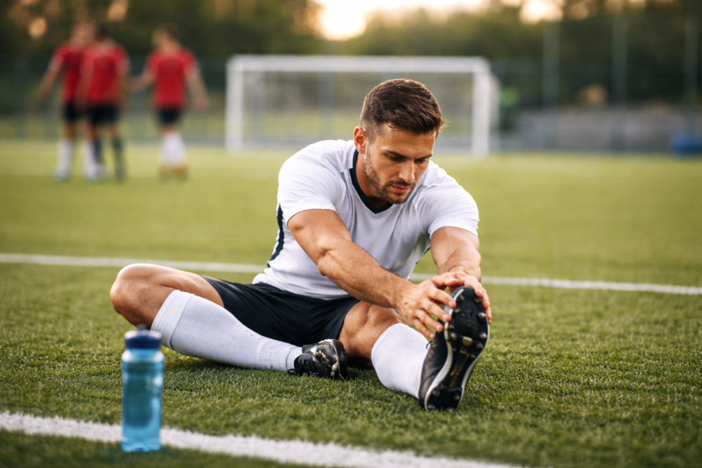 Futbolista estirando después de un partido de fútbol