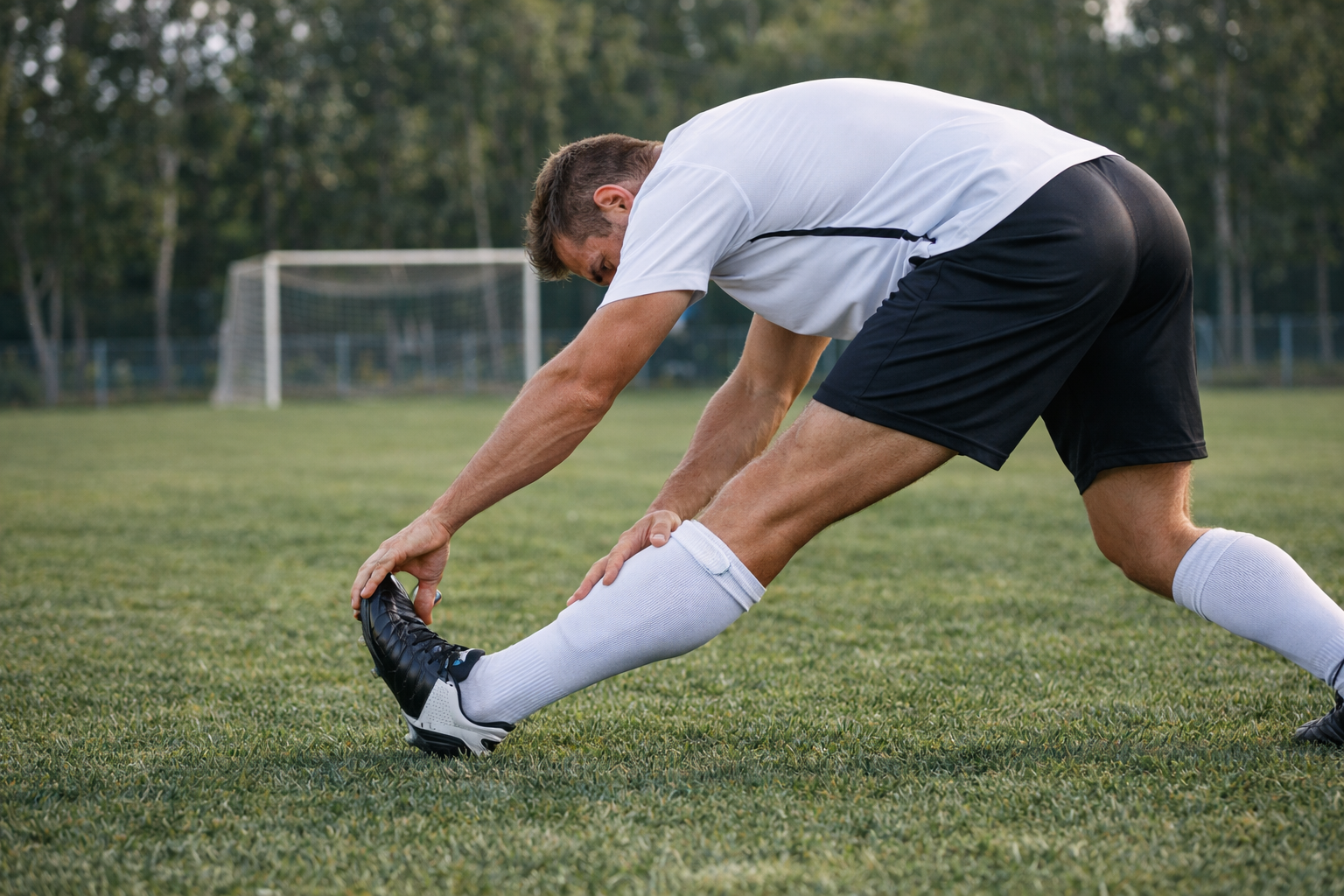 estiramiento de isquiotibiales en futbolista